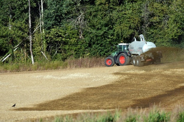 Bild vergr&ouml;&szlig;ern: Anhänger kippt in Bayern um: 8000 Liter Gülle verteilen sich auf Straße