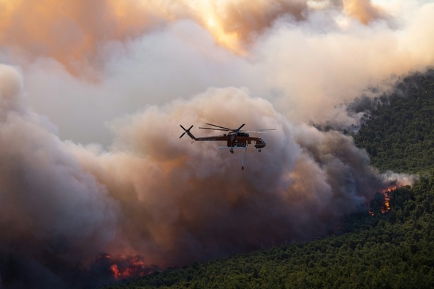 Bild vergr&ouml;&szlig;ern: Hunderte Feuerwehrleute kämpfen bei starkem Wind gegen Waldbrände in Griechenland